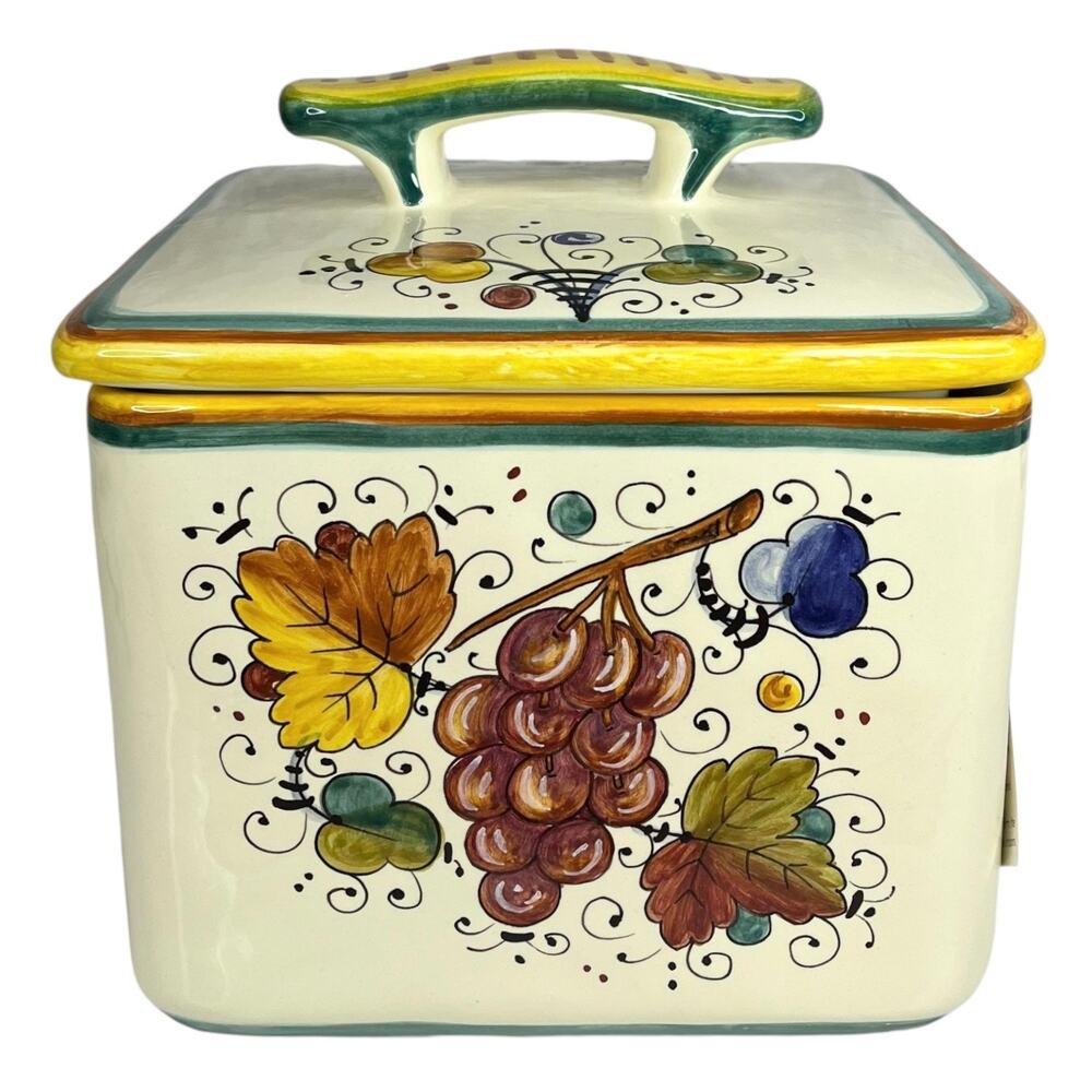NEW Deruta BISCOTTI COOKIE JAR Biscuit Canister & Lid 8" Square Italian Pottery